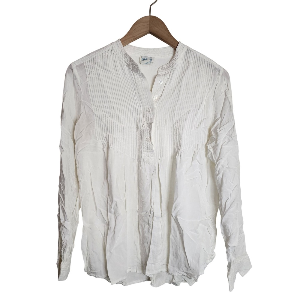 Sundance Blouse Womens Small White Pintuck Pleated Rayon Henley Top Long Sleeve